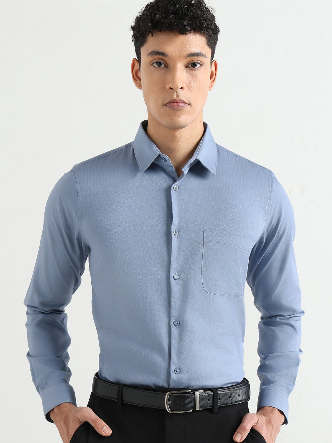 Herringbone Easy-Iron Formal Shirt in Steel Blue