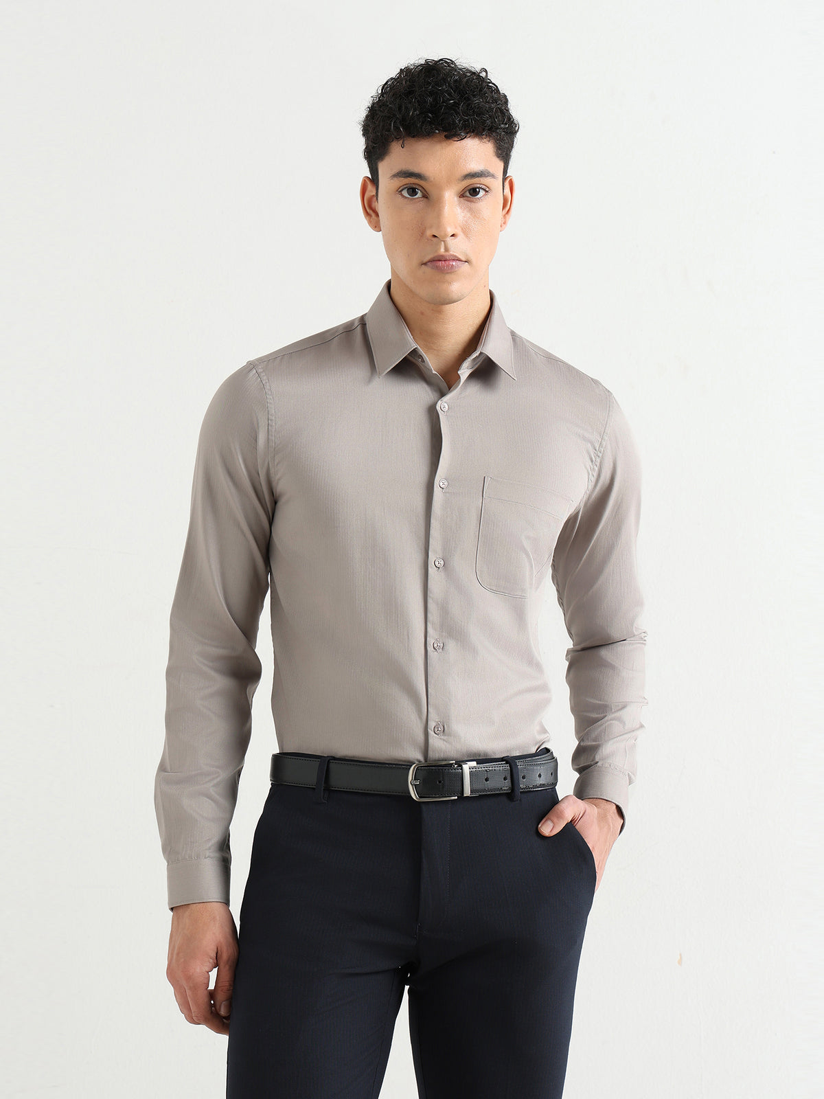 Men's Pure Cotton Comfort Fit Textured Evening Shirt –Olive Grey