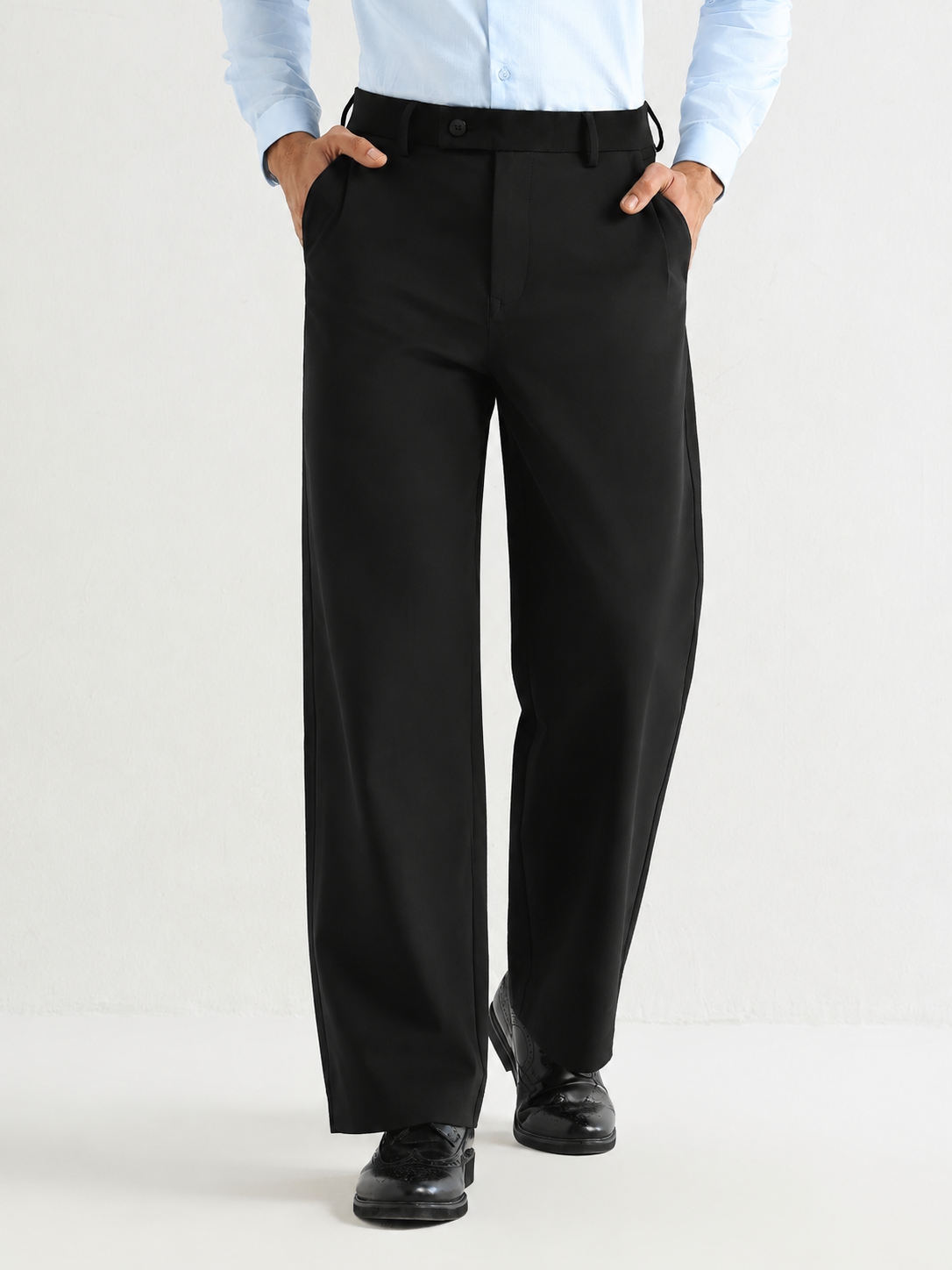 Japanese Poly-Lycra Pleated Wide Leg Trousers in Black