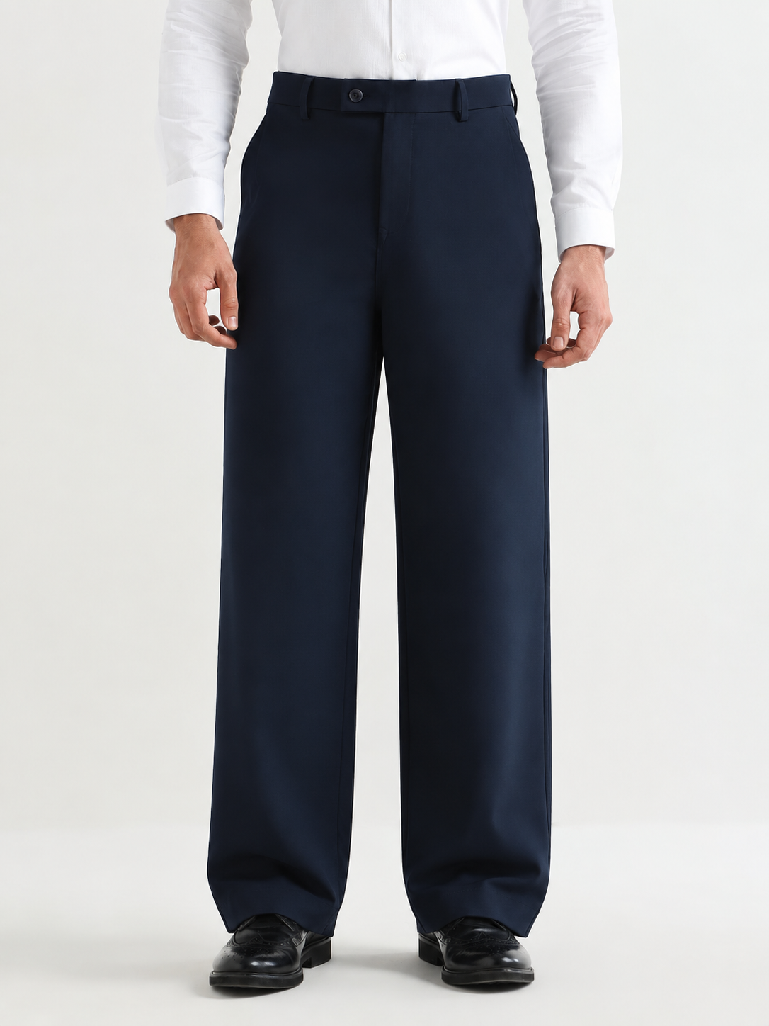 Japanese Poly-Lycra Pleated Wide Leg Trousers in Navy Blue