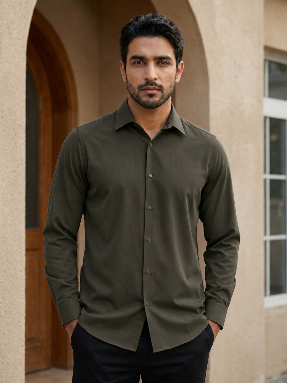 Subtract Men's Slim Fit Bonded Formal Shirt-Olive