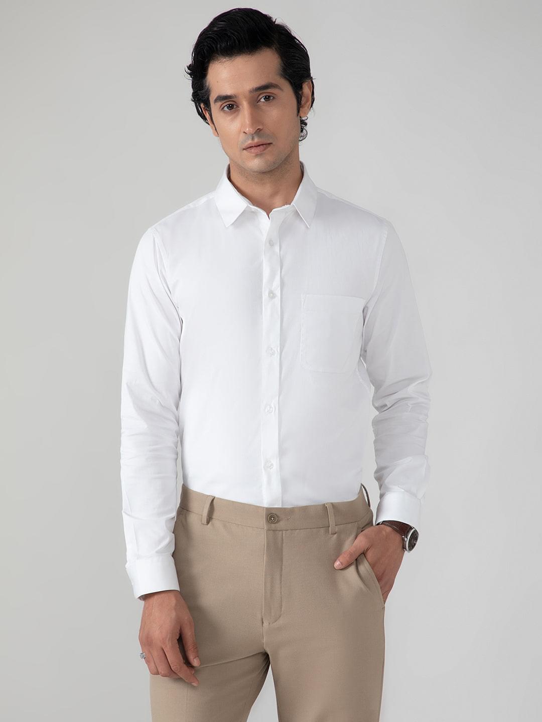2 Way Stretch Cotton Shirt in White- Slim Fit