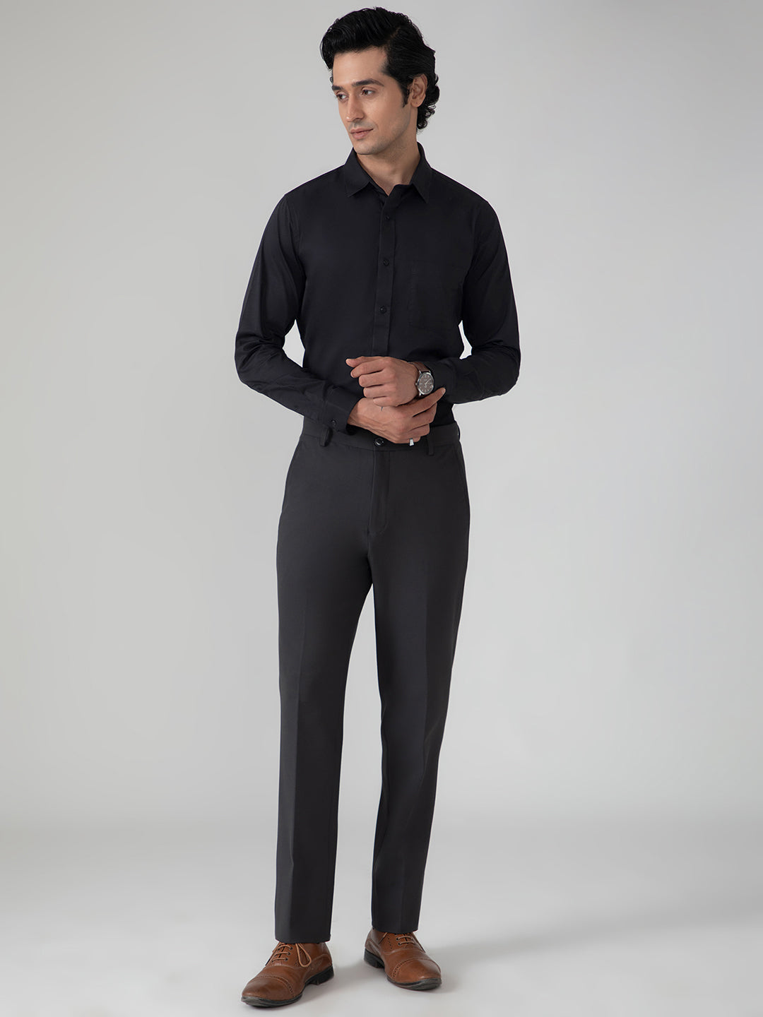 2 Way Stretch Cotton Shirt in Raven Black- Slim Fit