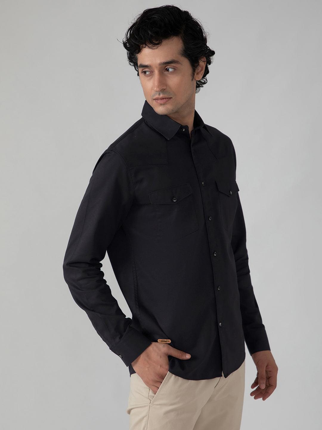 Double Pocket Cargo Shirt in Raven Black- Comfort Fit