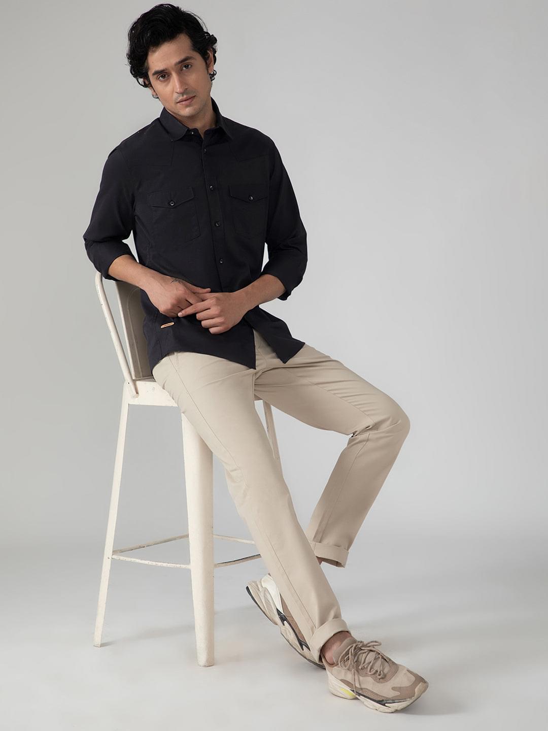 Double Pocket Cargo Shirt in Raven Black- Comfort Fit
