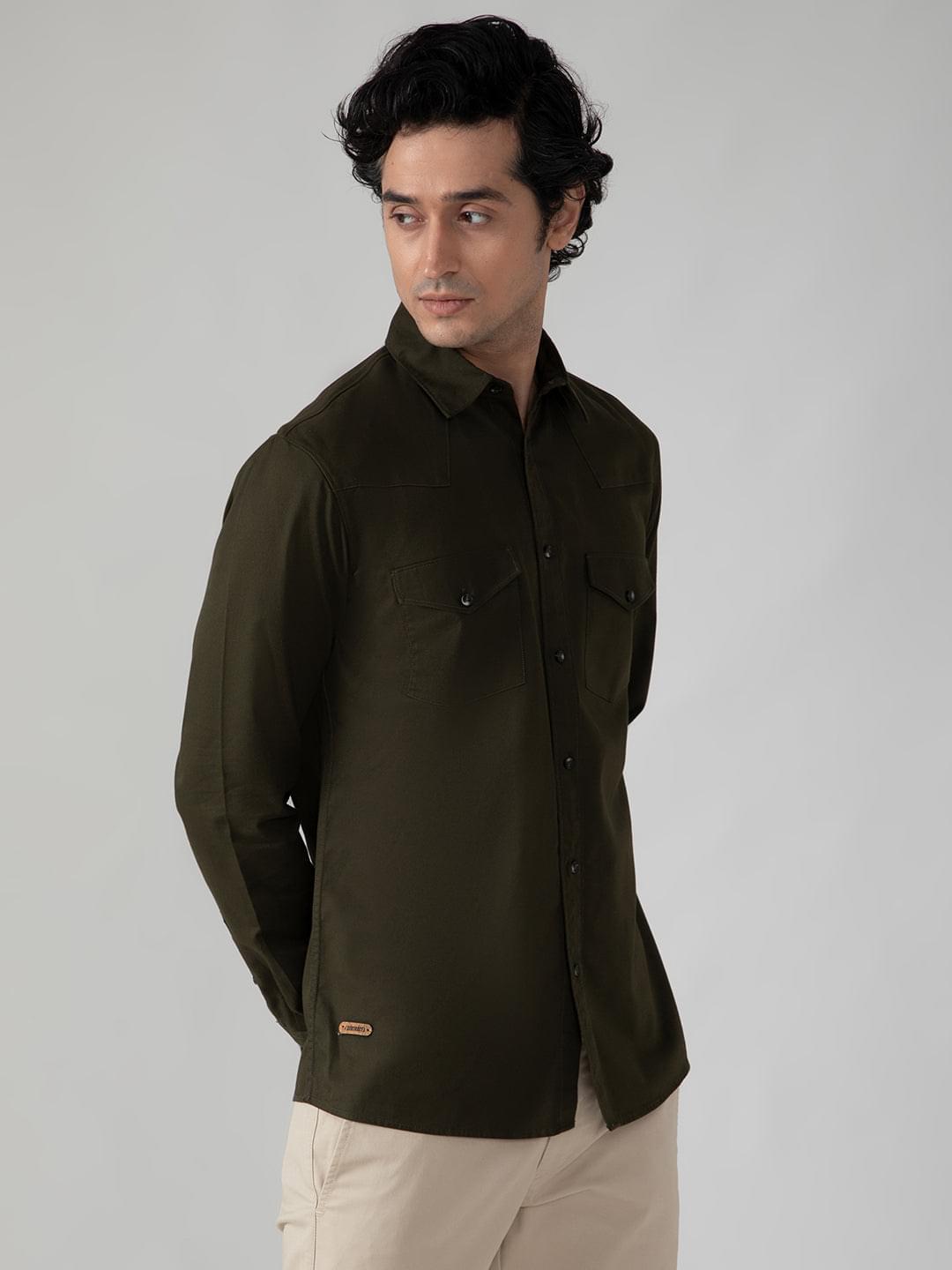 Double Pocket Cargo Shirt in Dark Olive- Comfort Fit