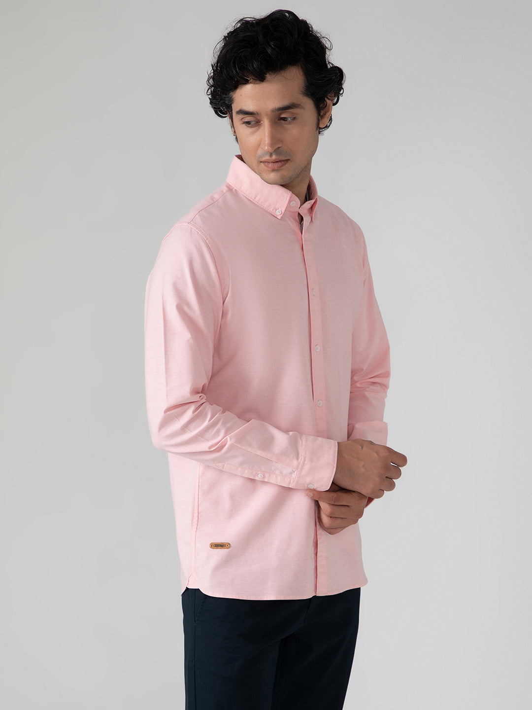 2 Way Stretch Oxford Shirt in Salmon Pink- Slim Fit