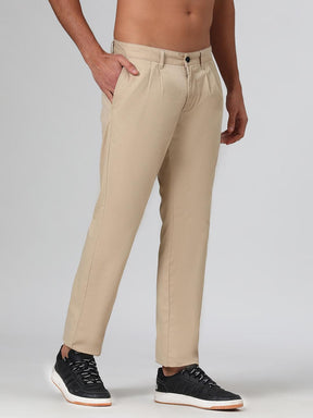 2 Way Stretch Pleated Chinos in Beige- Comfort Fit