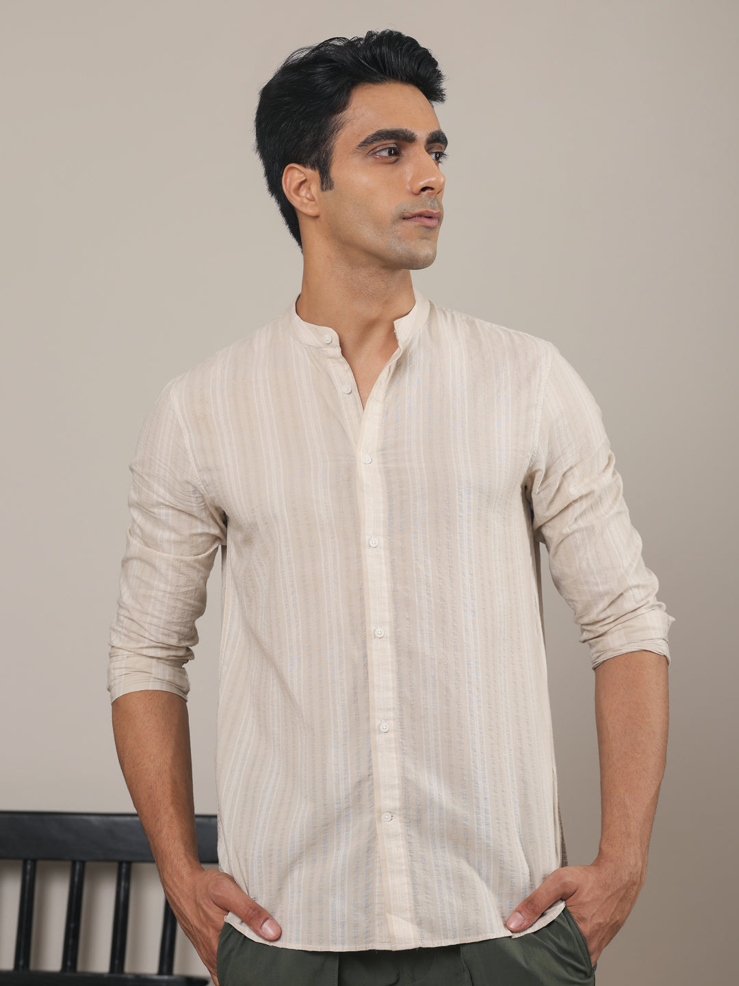Cotton Striped Casual Shirt with Mandarin Collar in Cream - Comfort Fit