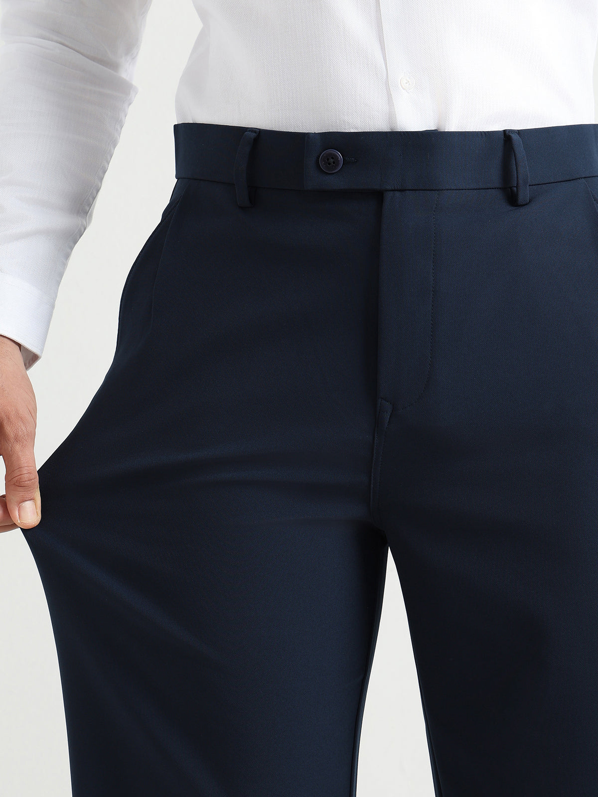 Japanese Poly-Lycra Pleated Wide Leg Trousers in Navy Blue