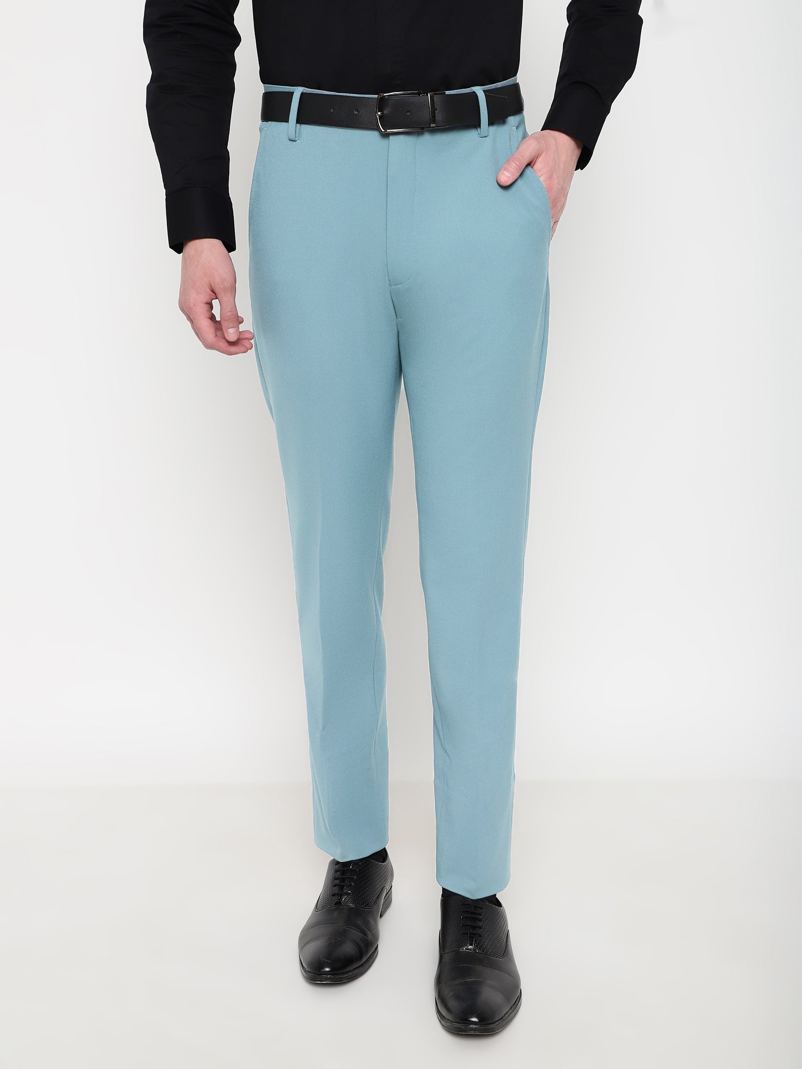 Buy Powder Blue 4-Way Stretch Slim Fit Formal Trousers