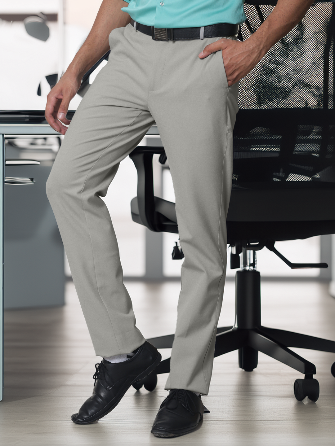 Flex Waist 4-Way Stretch Formal Trousers in Steel Grey - Slim Fit