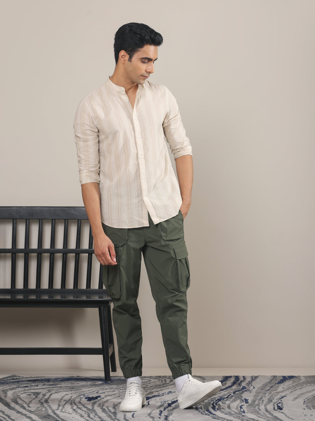 Cotton Striped Casual Shirt with Mandarin Collar in Cream - Comfort Fit