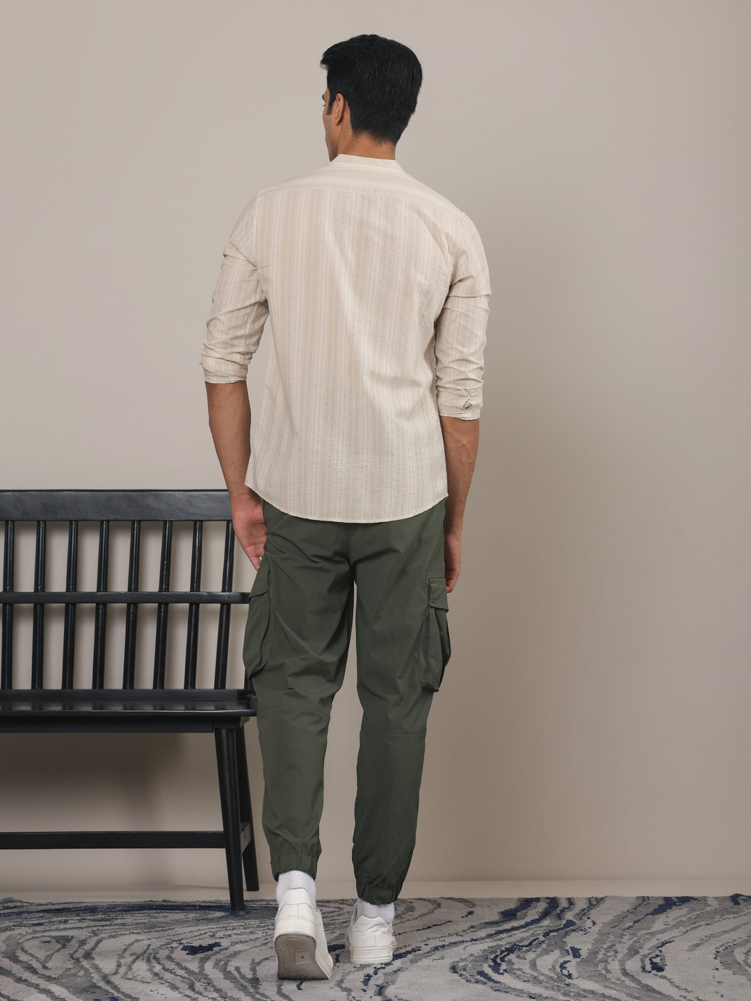 Cotton Striped Casual Shirt with Mandarin Collar in Cream - Comfort Fit
