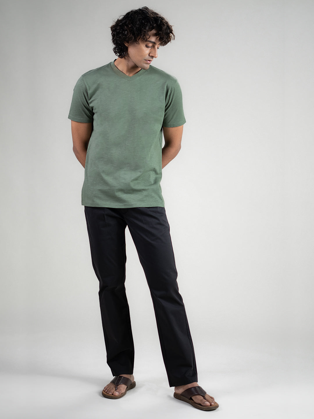 Slub V-neck T-shirt in Sage Green