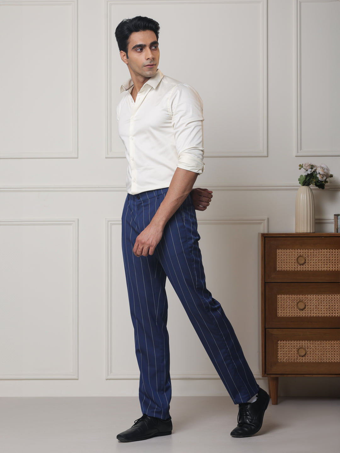 2 Way Stretch Striped Formal Trousers in Denim Blue - Regular Fit