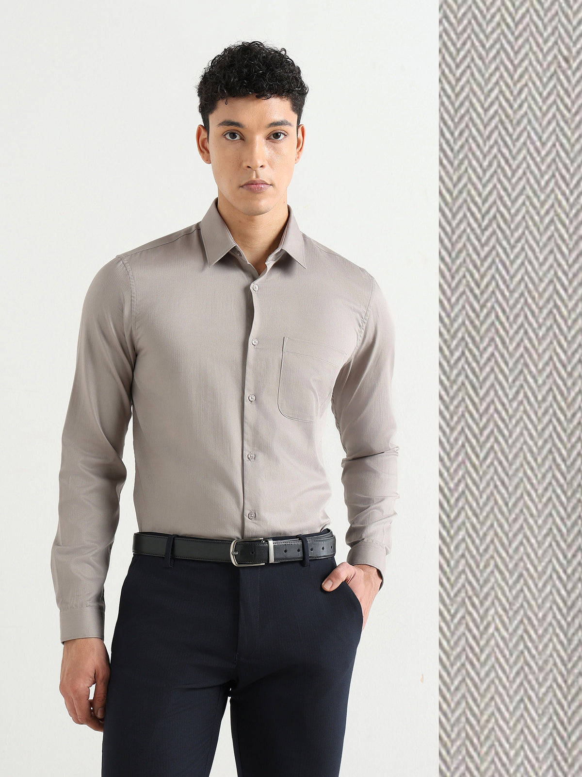 Herringbone Easy-Iron Formal Shirt in Olive Grey