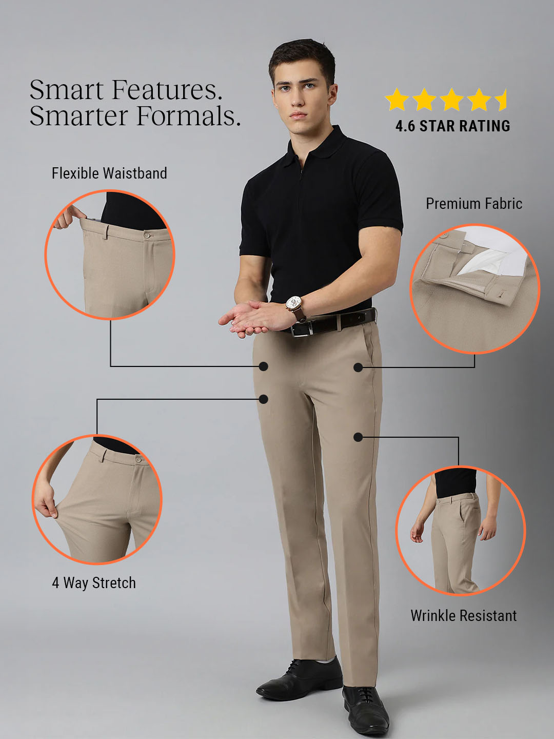Flex Waist 4-Way Stretch Formal Trousers in Beige - Slim Fit