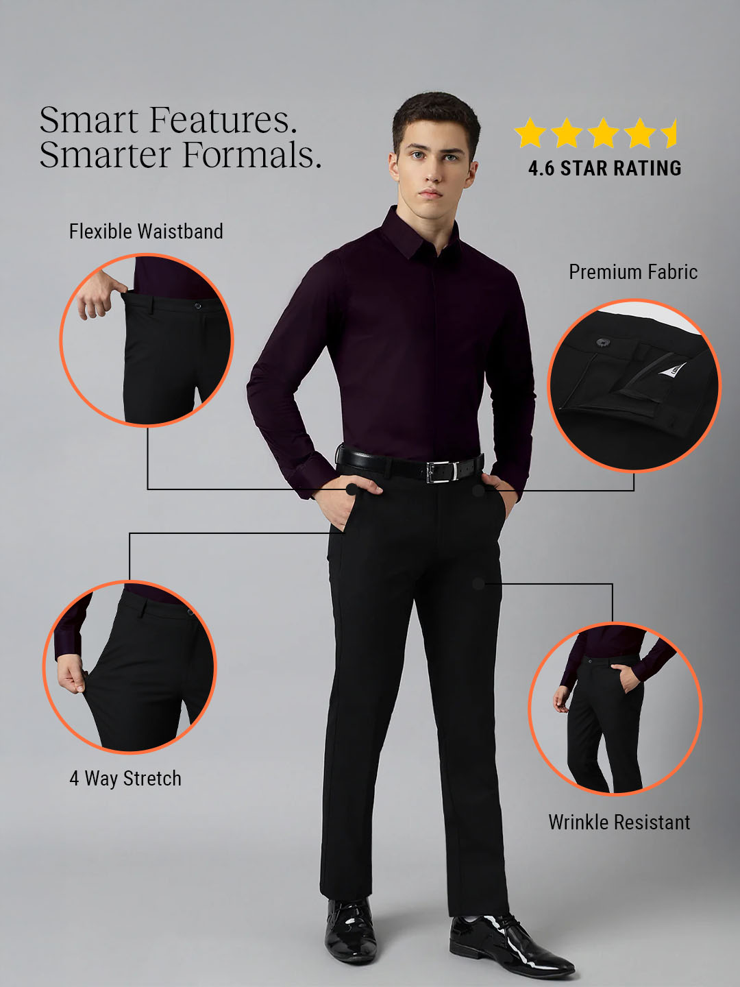 Flex Waist 4-Way Stretch Formal Trousers in Black- Slim Fit