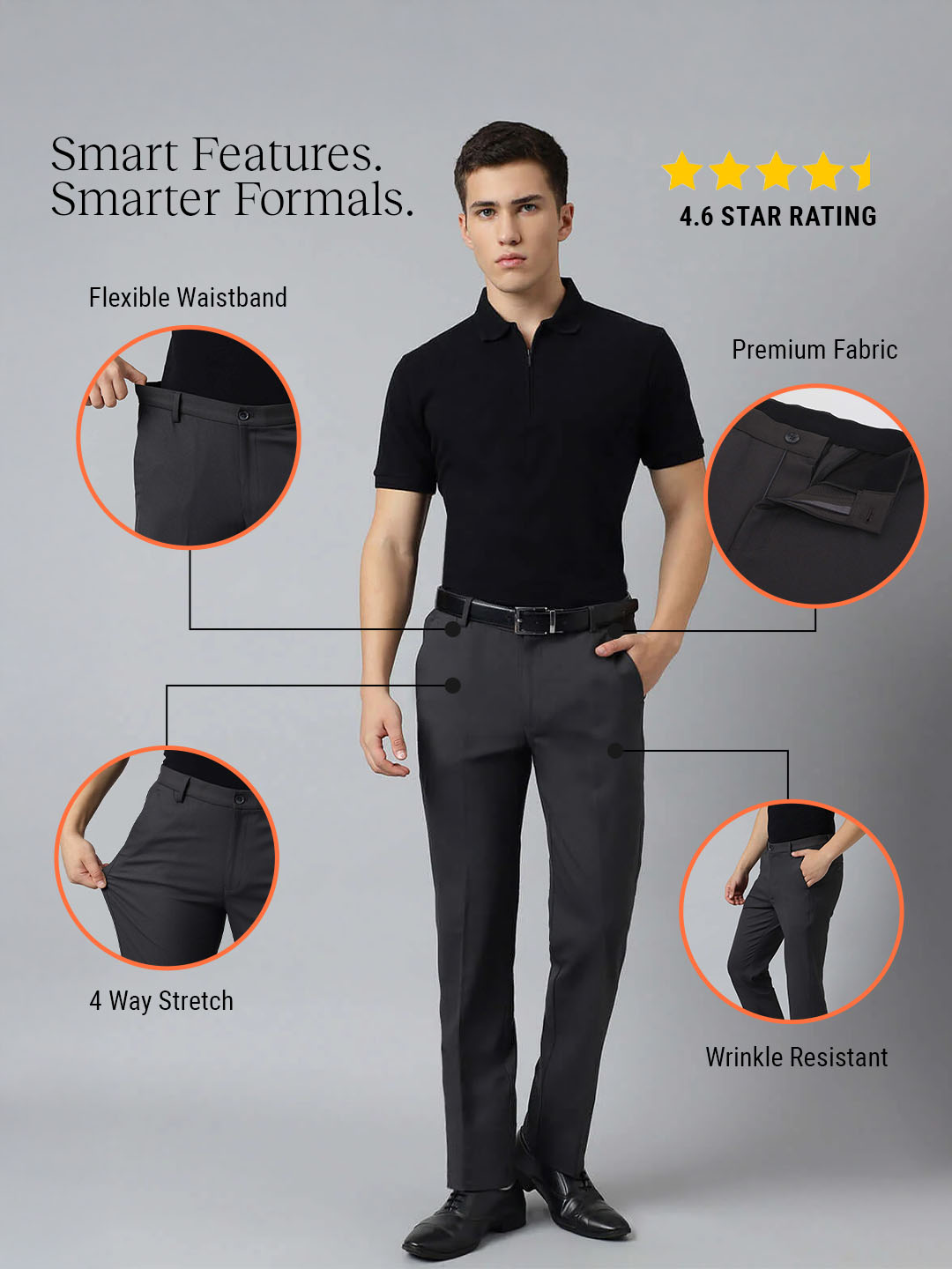 Flex Waist 4-Way Stretch Formal Trousers in Charcoal Grey- Slim Fit