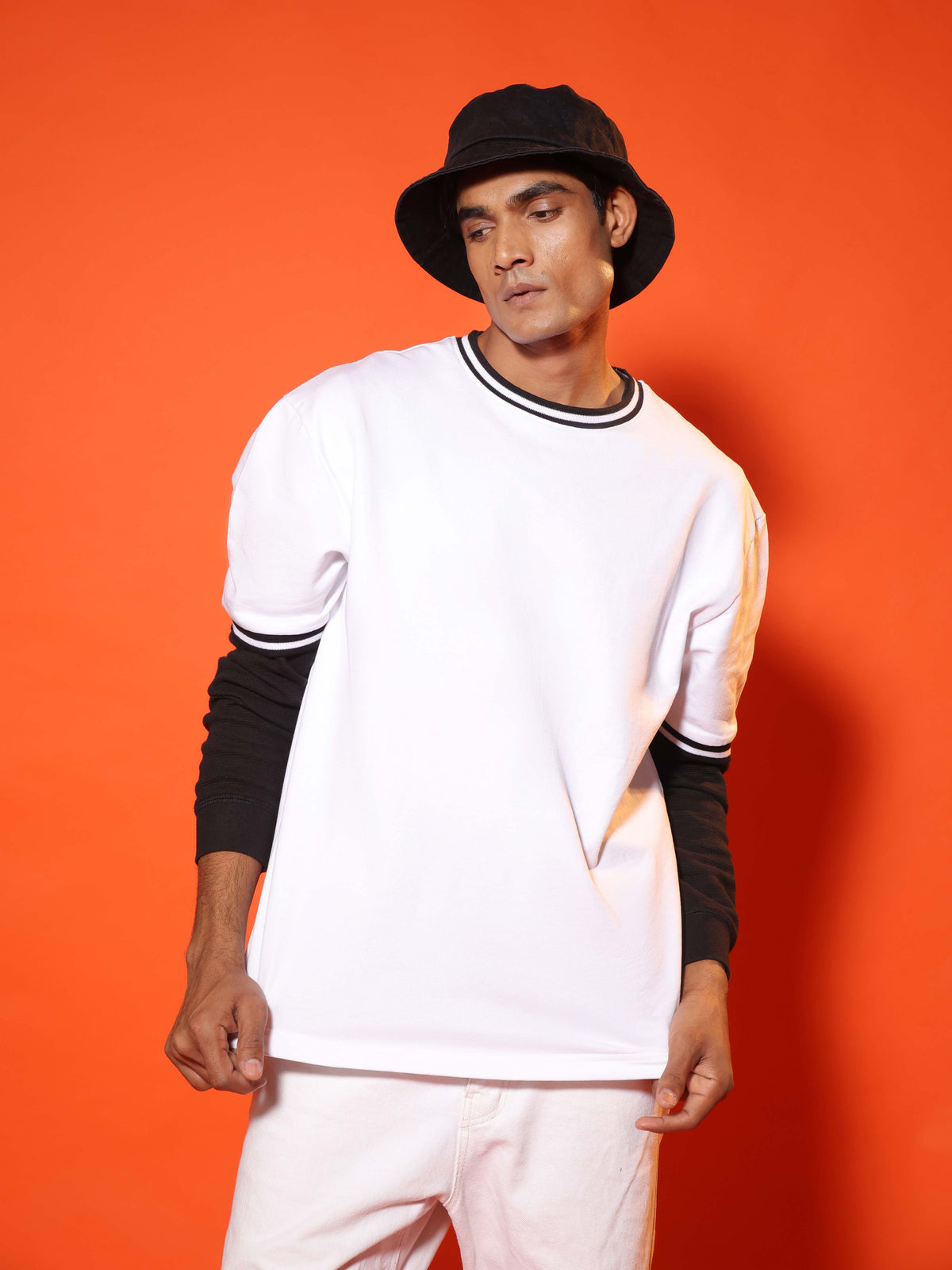 Oversized Round Neck T-Shirt with Stylised Rib in White