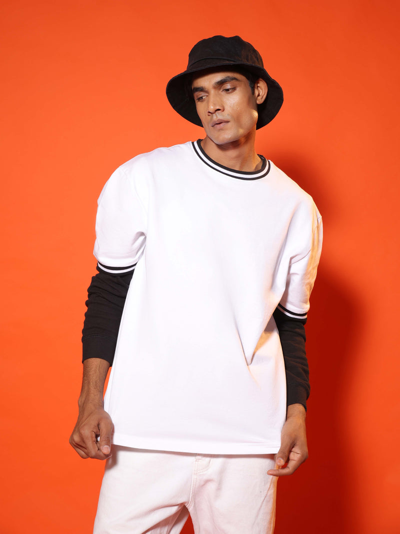 Oversized Round Neck T-Shirt with Stylised Rib in White