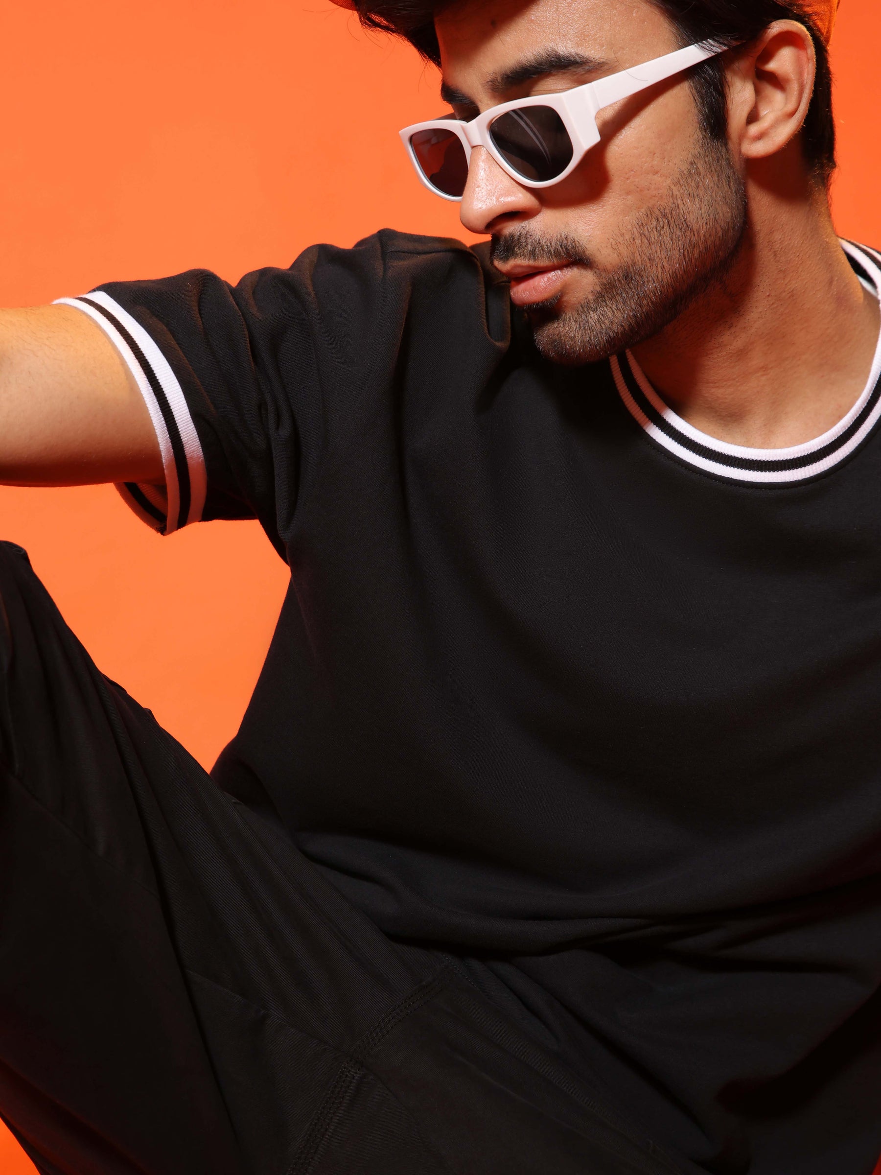 Oversized Round Neck T-Shirt with Stylised Rib in Black