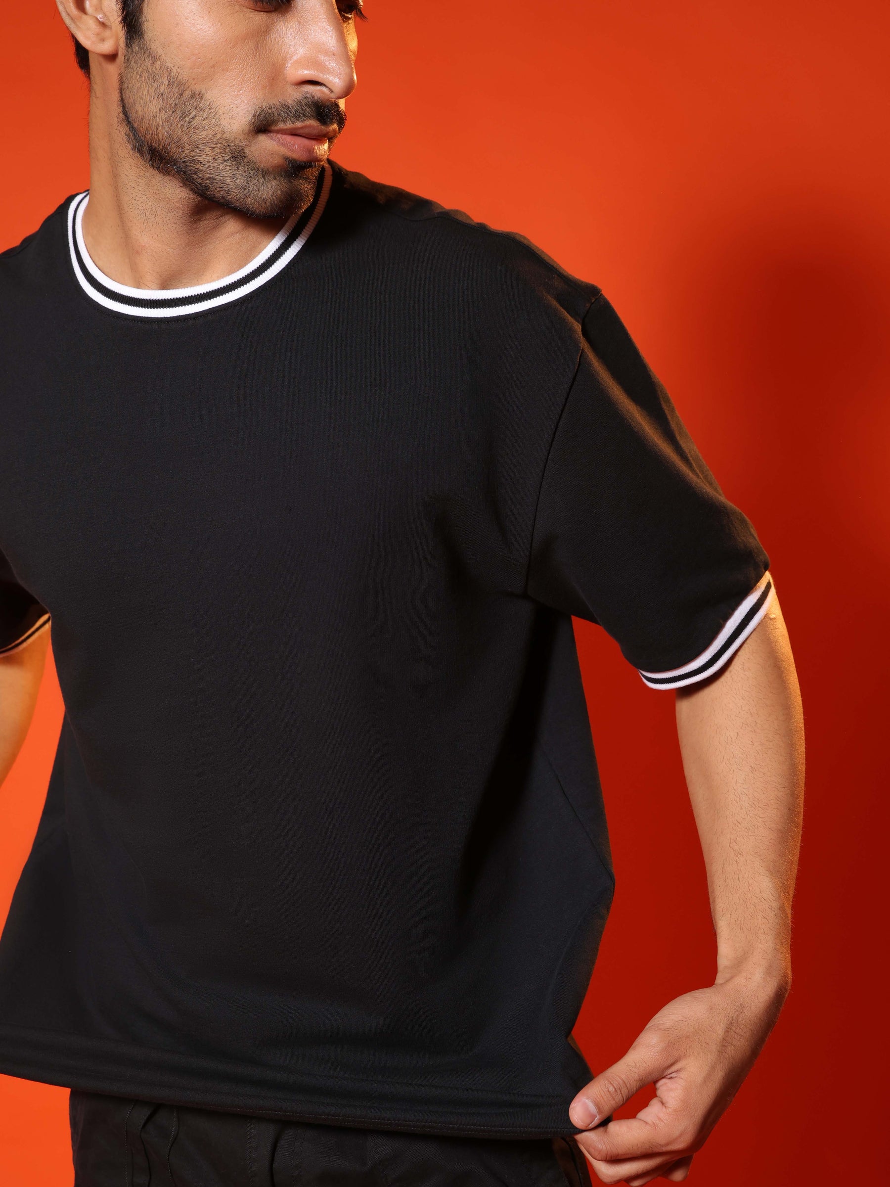 Oversized Round Neck T-Shirt with Stylised Rib in Black