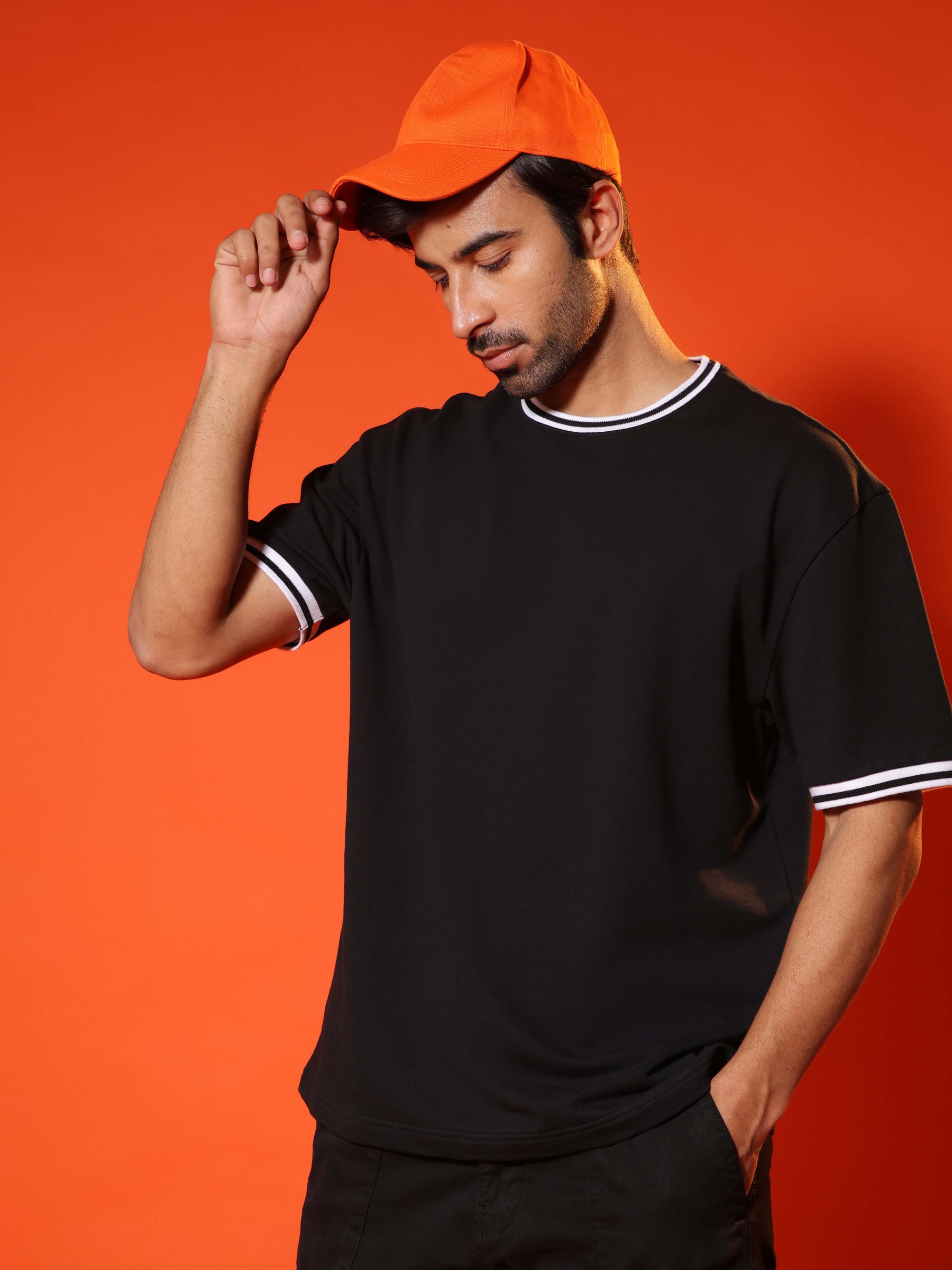 Oversized Round Neck T-Shirt with Stylised Rib in Black
