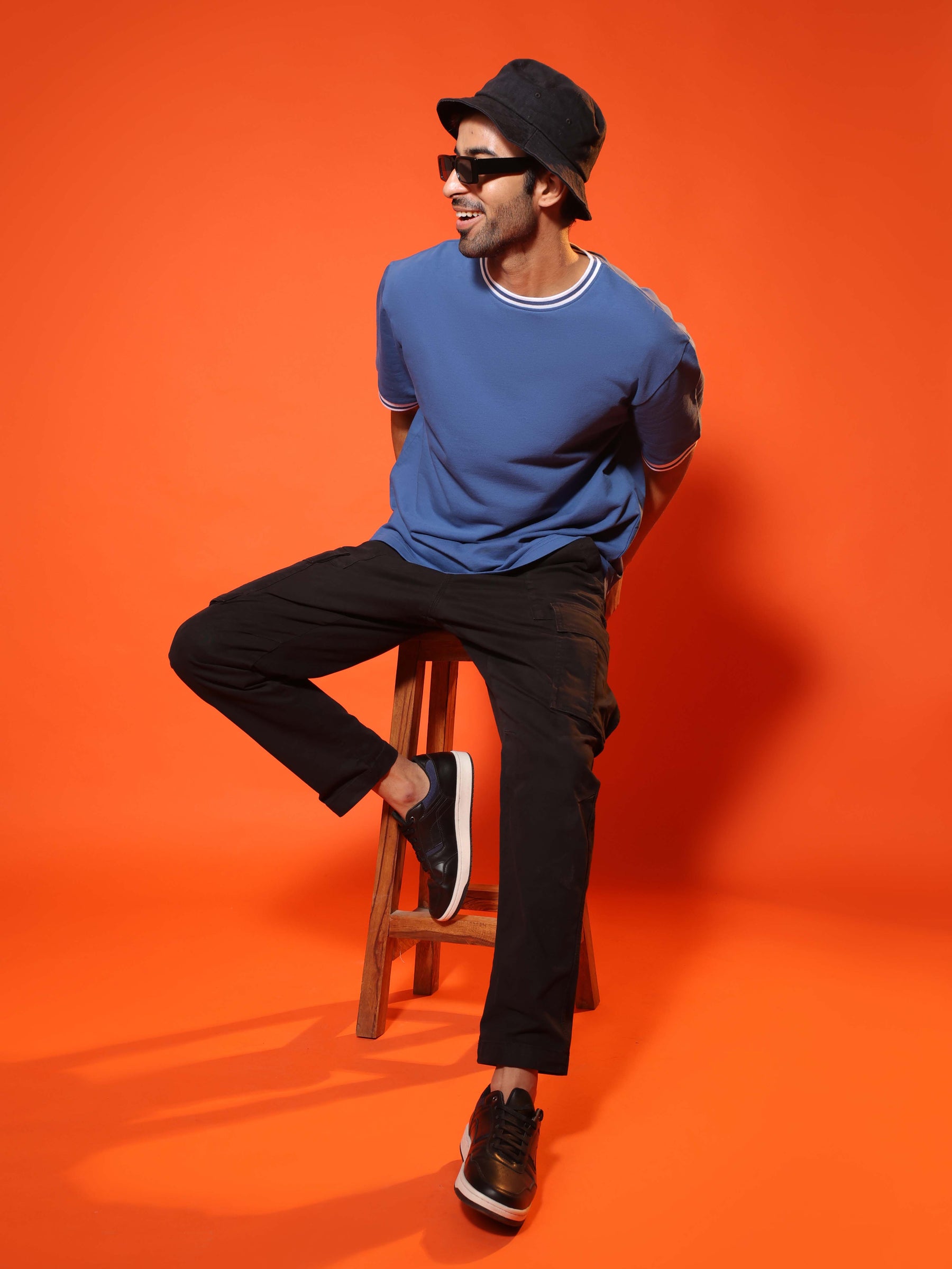 Oversized Round Neck T-Shirt with Stylised Rib in Denim Blue