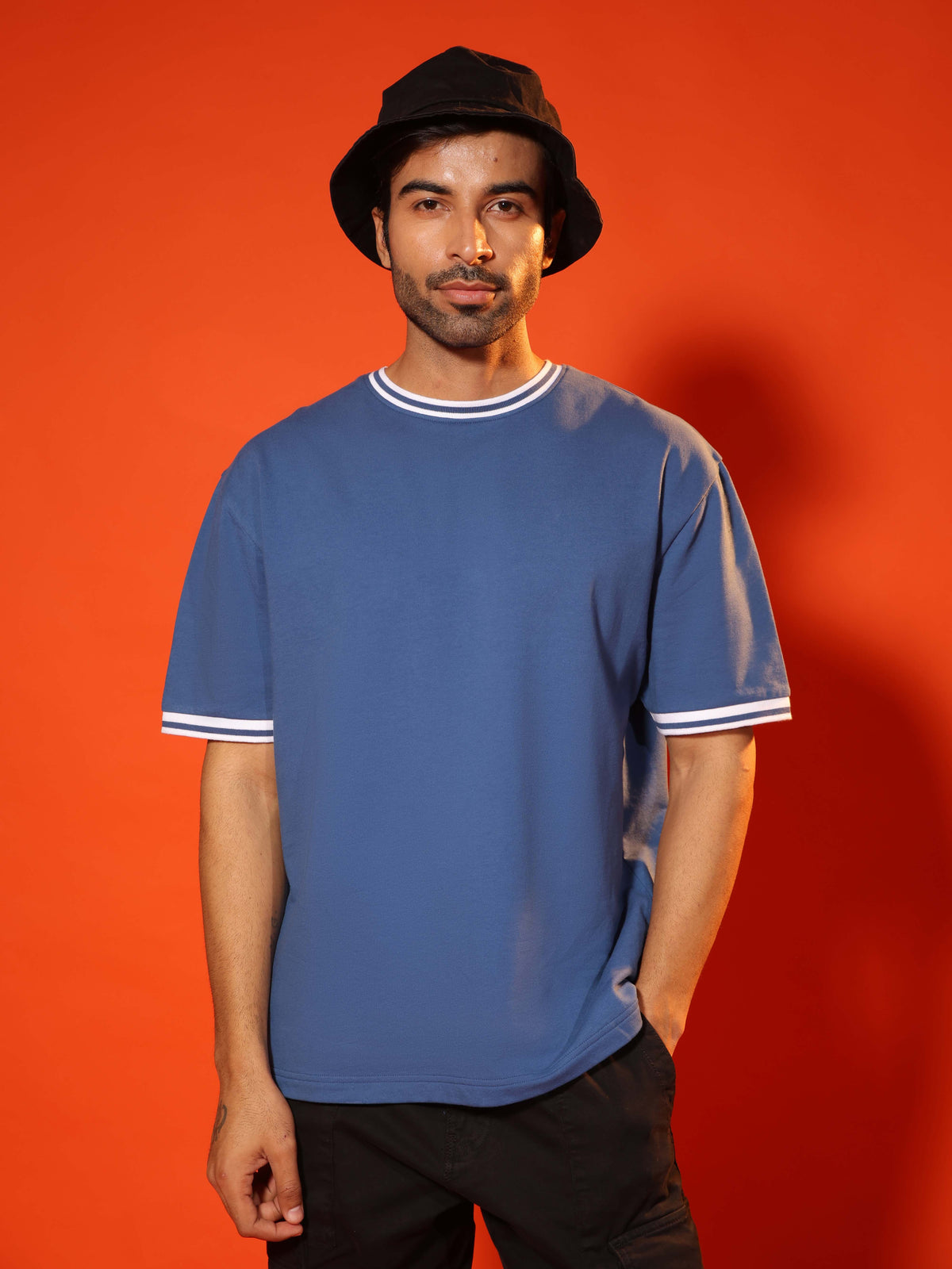 Oversized Round Neck T-Shirt with Stylised Rib in Denim Blue