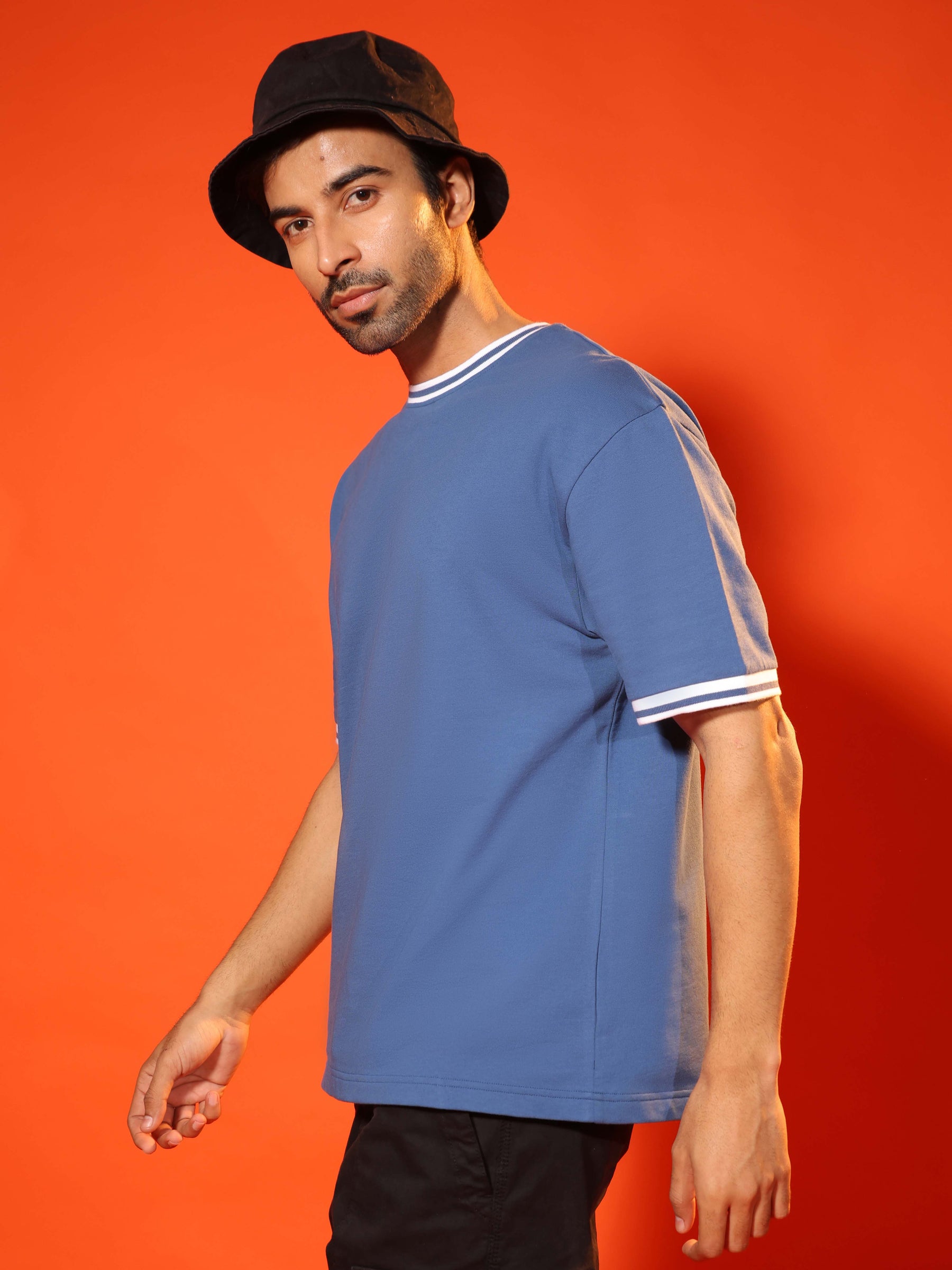 Oversized Round Neck T-Shirt with Stylised Rib in Denim Blue