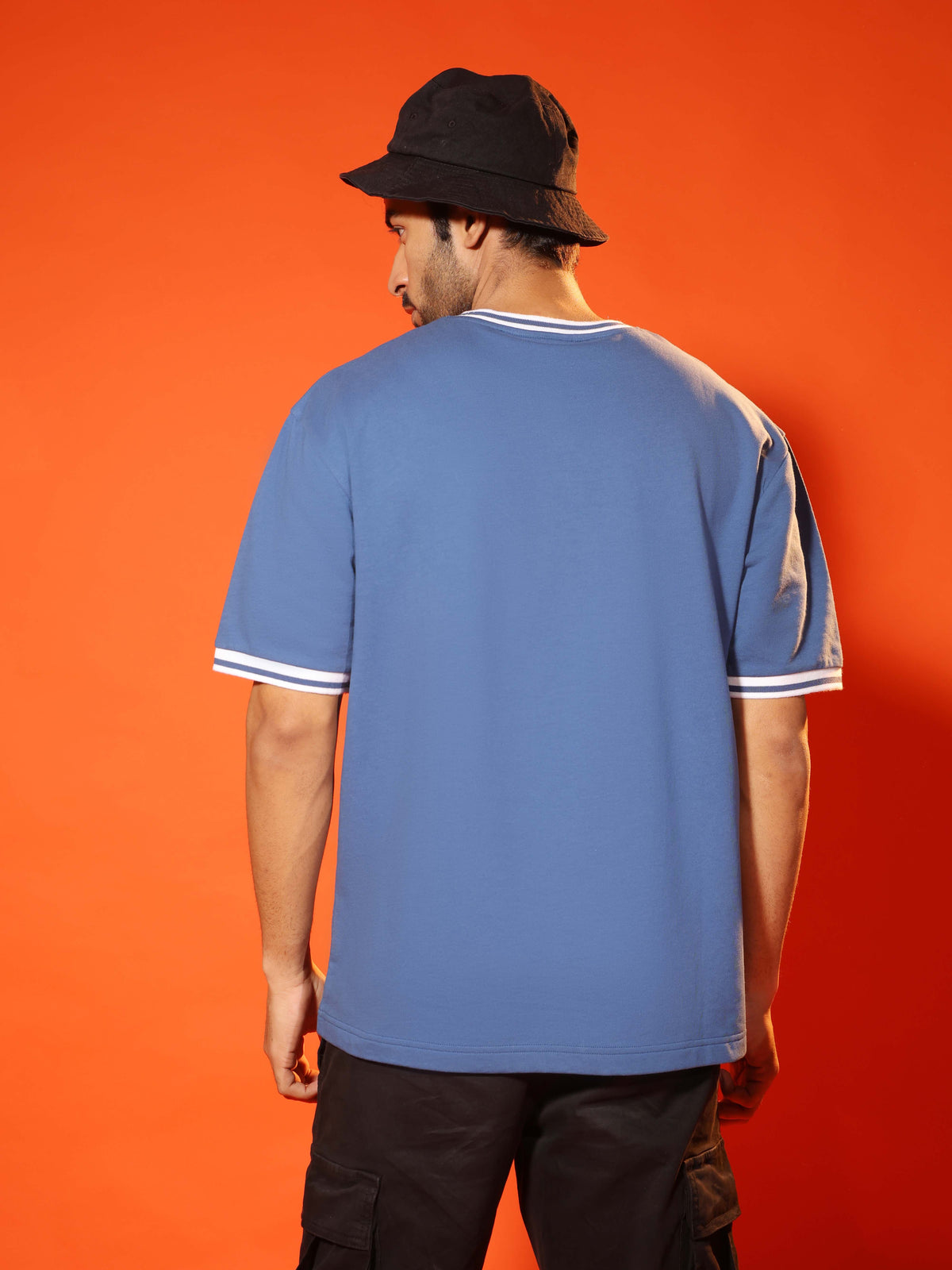 Oversized Round Neck T-Shirt with Stylised Rib in Denim Blue