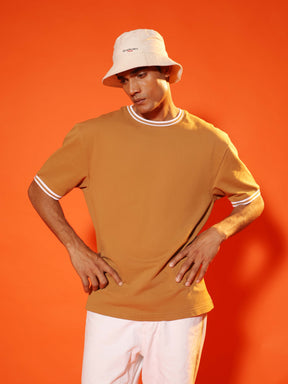 Oversized Round Neck T-Shirt with Stylised Rib in Tan Brown