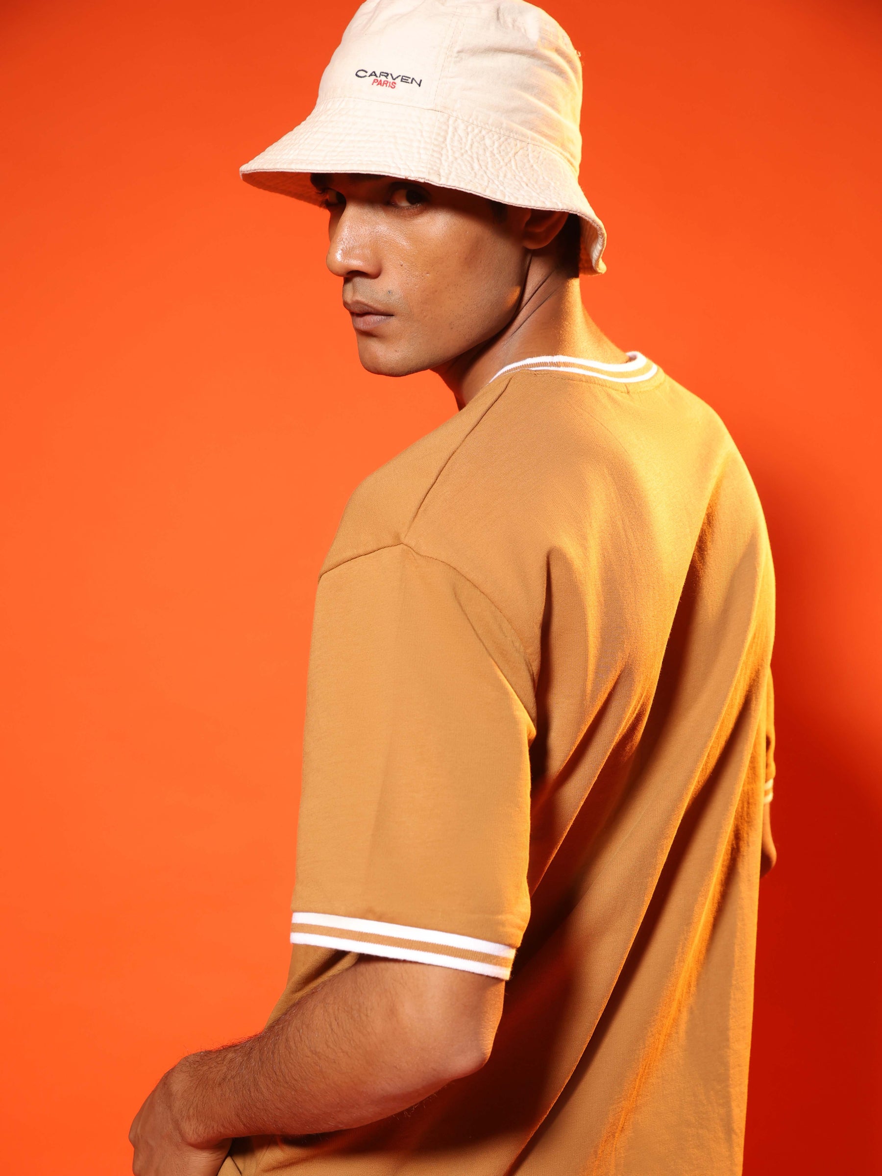 Oversized Round Neck T-Shirt with Stylised Rib in Tan Brown