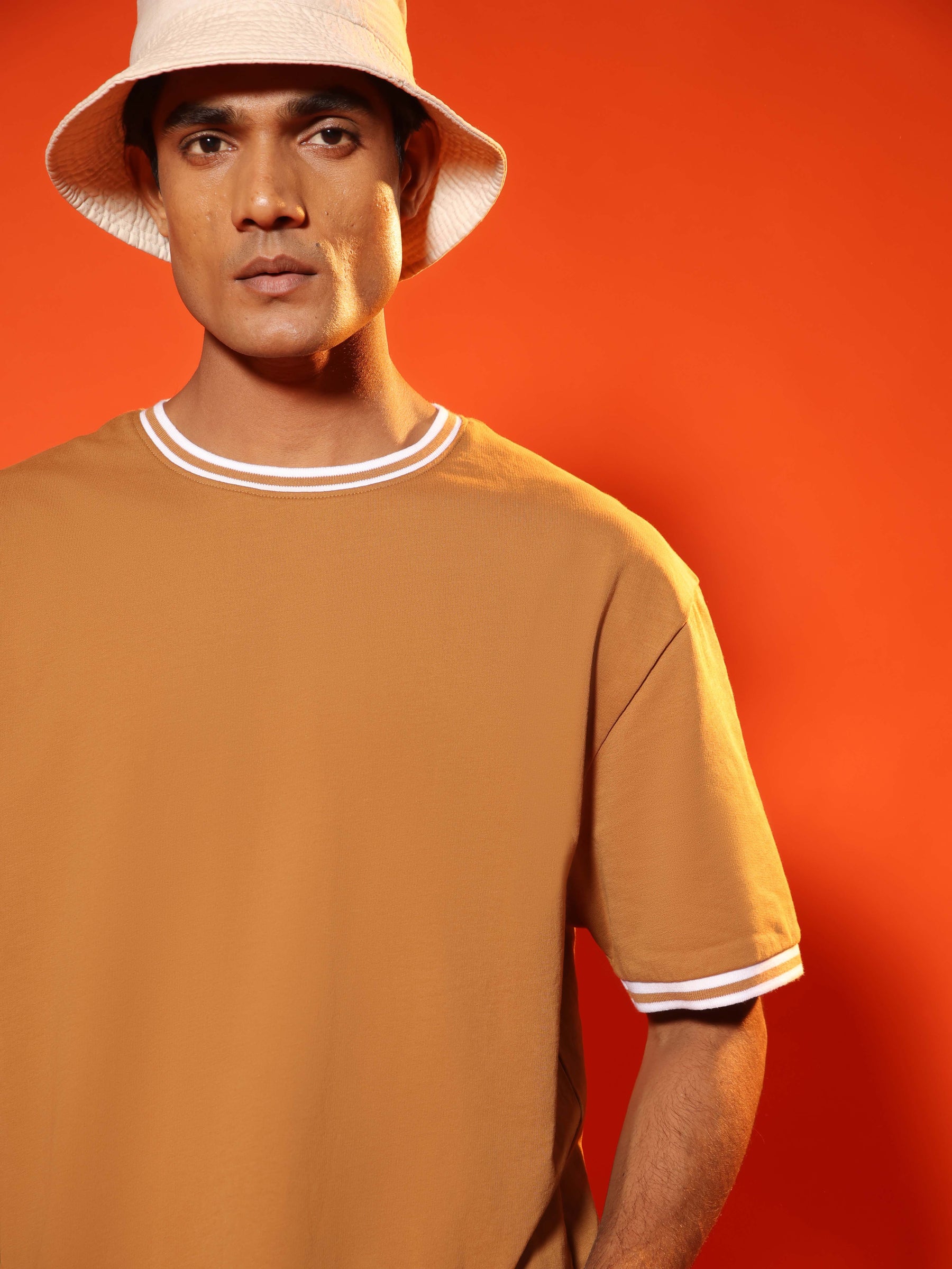 Oversized Round Neck T-Shirt with Stylised Rib in Tan Brown