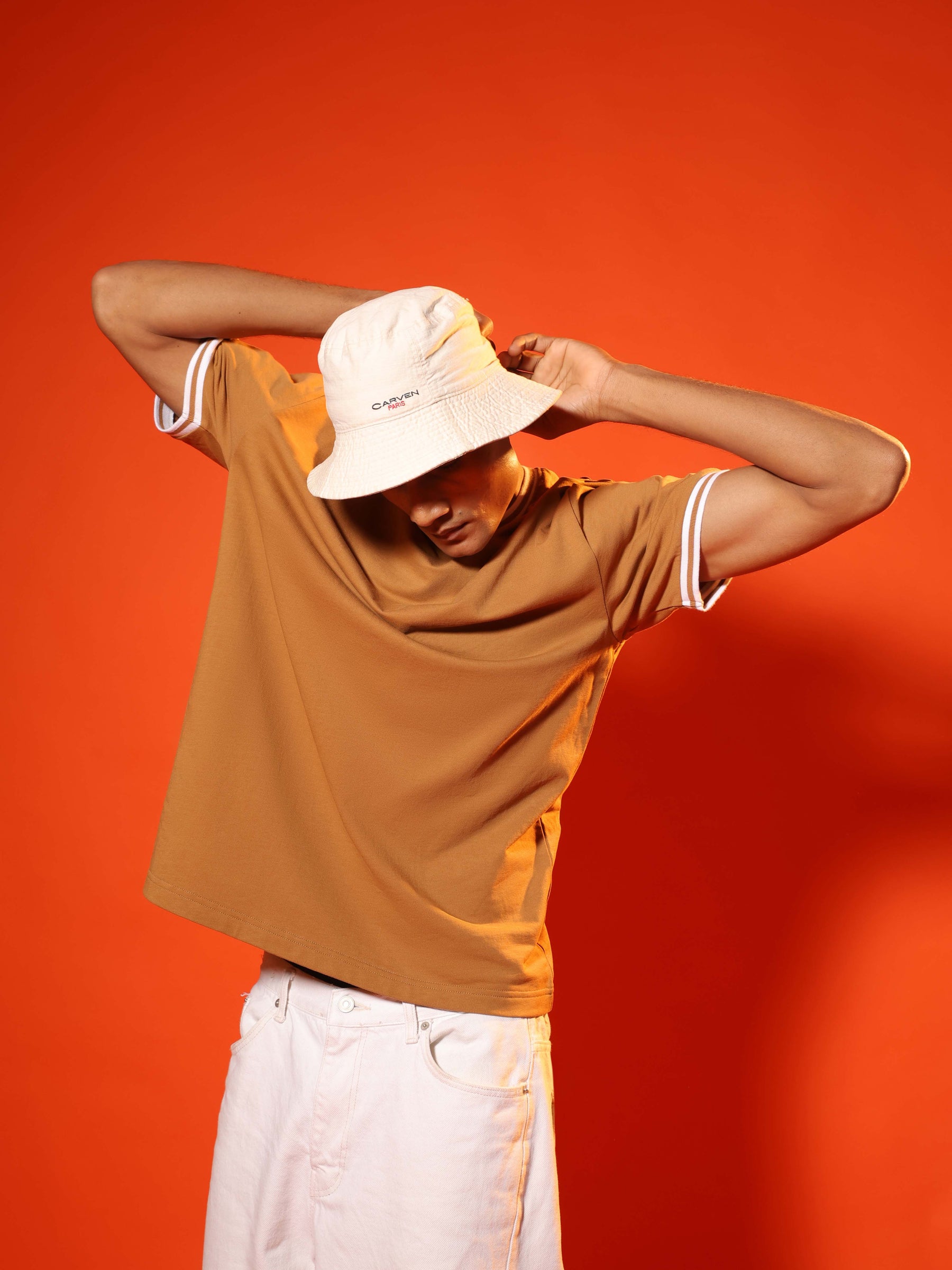 Oversized Round Neck T-Shirt with Stylised Rib in Tan Brown