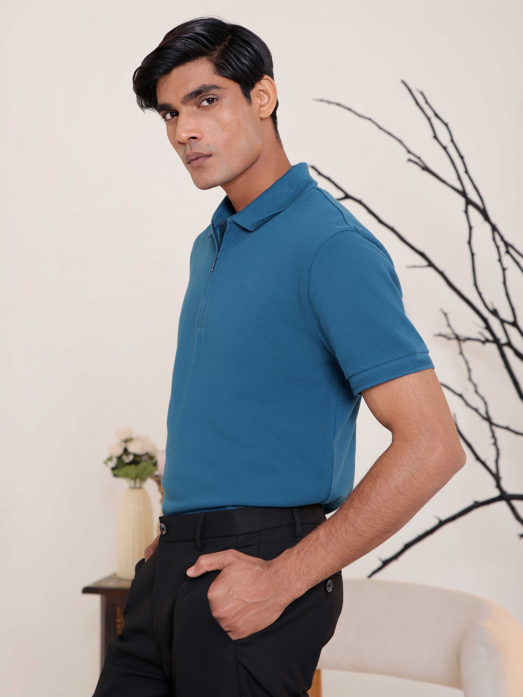 Half Zip Polo in Dark Teal
