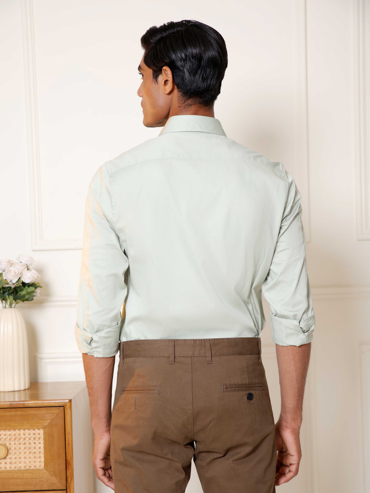 2 Way Stretch Satin Shirt in Sage Green- Slim Fit