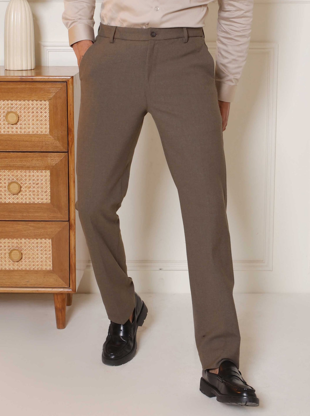 Flex Waist 4-Way Stretch Formal Trousers in Oak Brown - Slim Fit