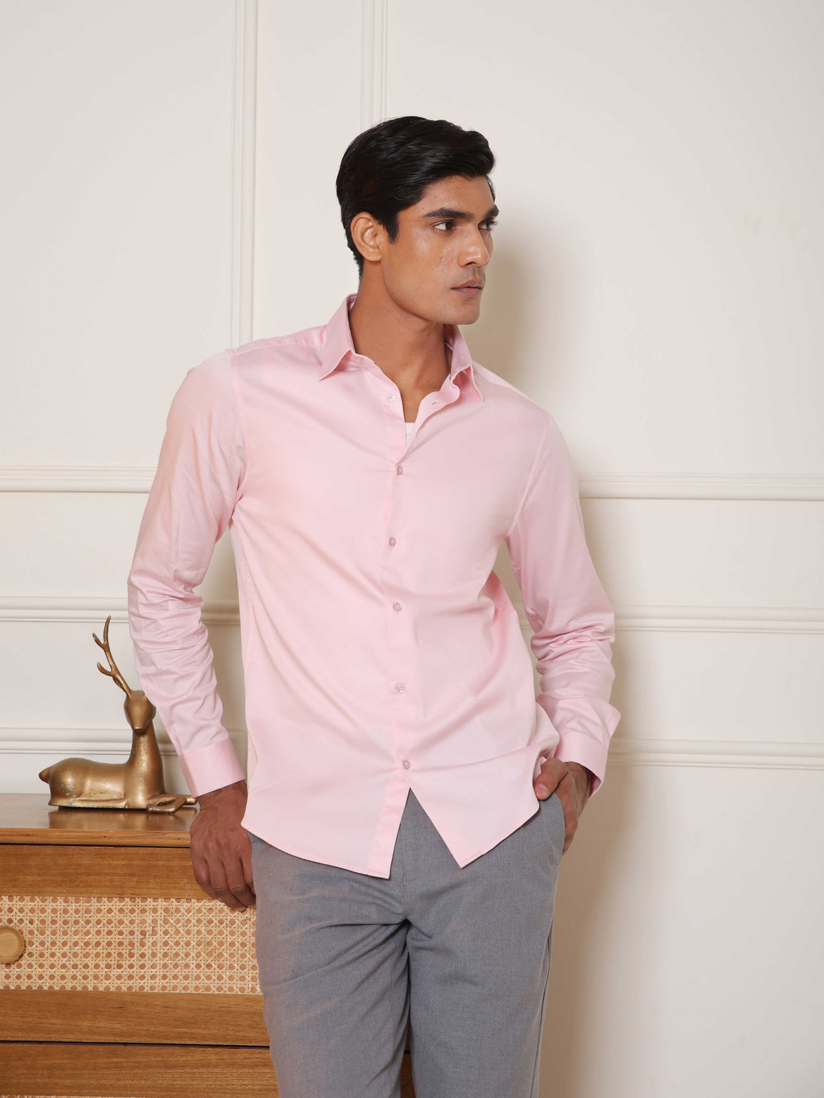 2 Way Stretch Satin Shirt in Ice Pink- Slim Fit