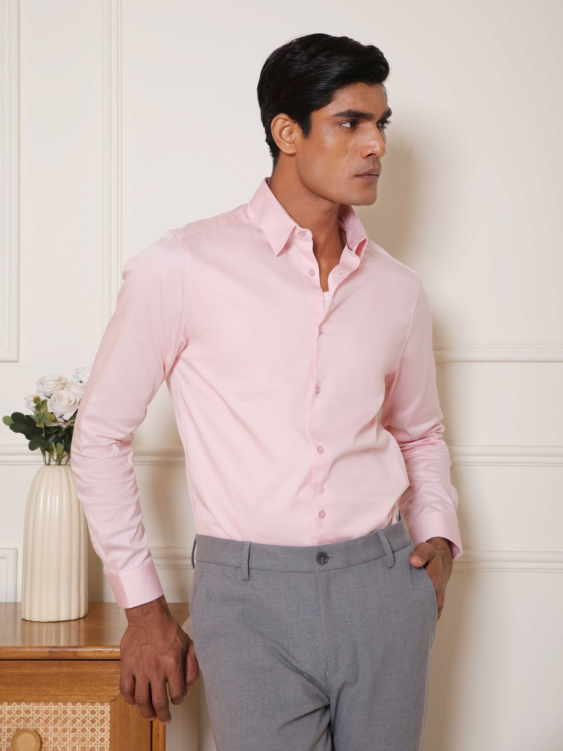 2 Way Stretch Satin Shirt in Ice Pink- Slim Fit