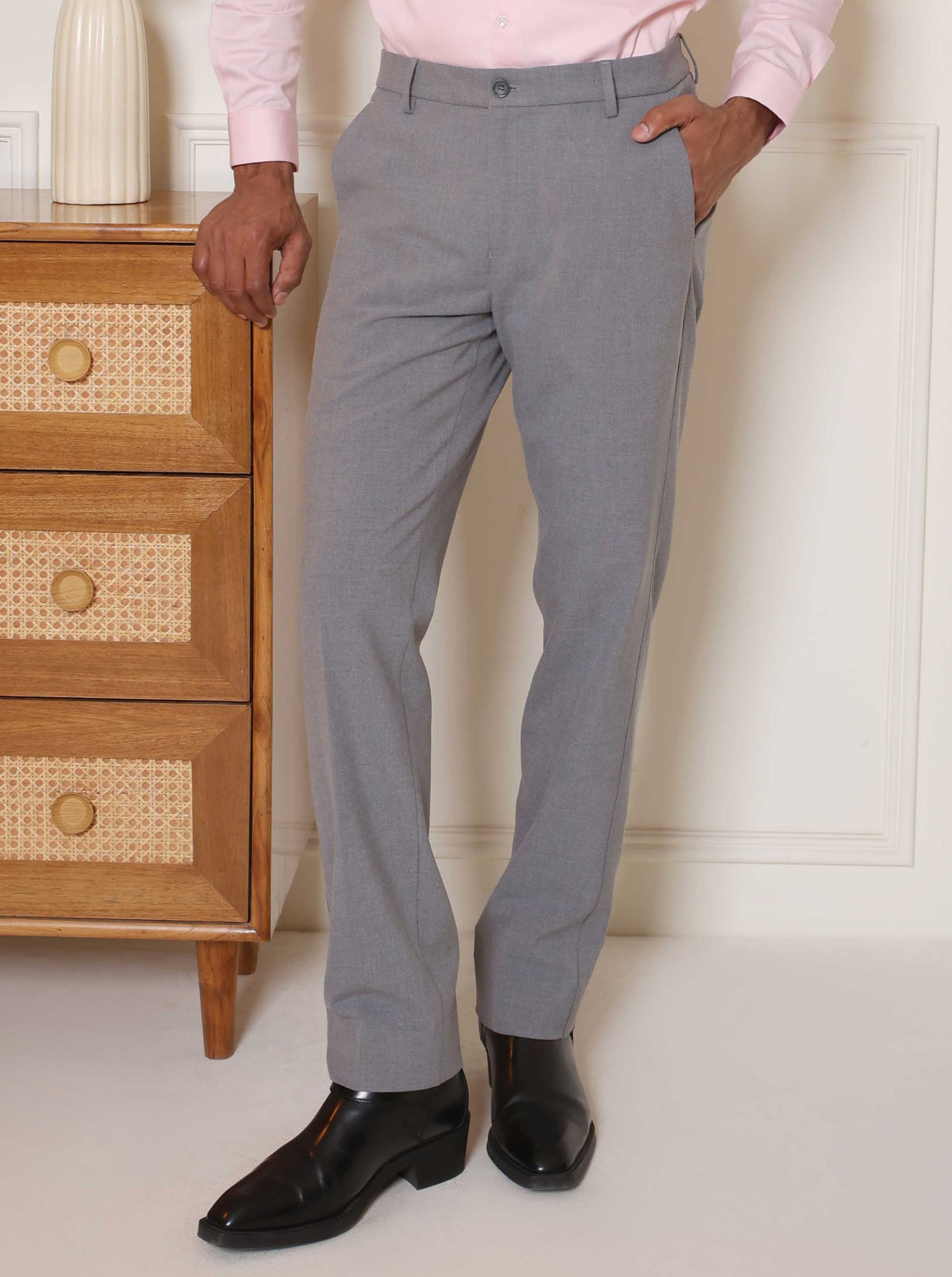 Flex Waist 4-Way Stretch Formal Trousers in Light Grey- Slim Fit