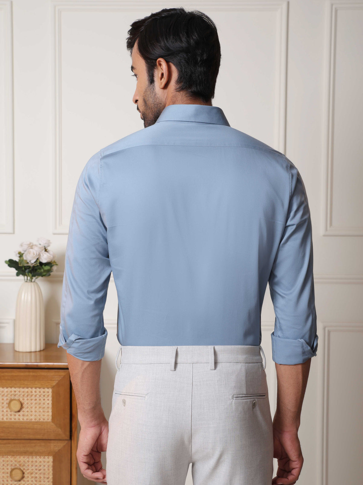 2 Way Stretch Satin Shirt in Stone Blue- Slim Fit
