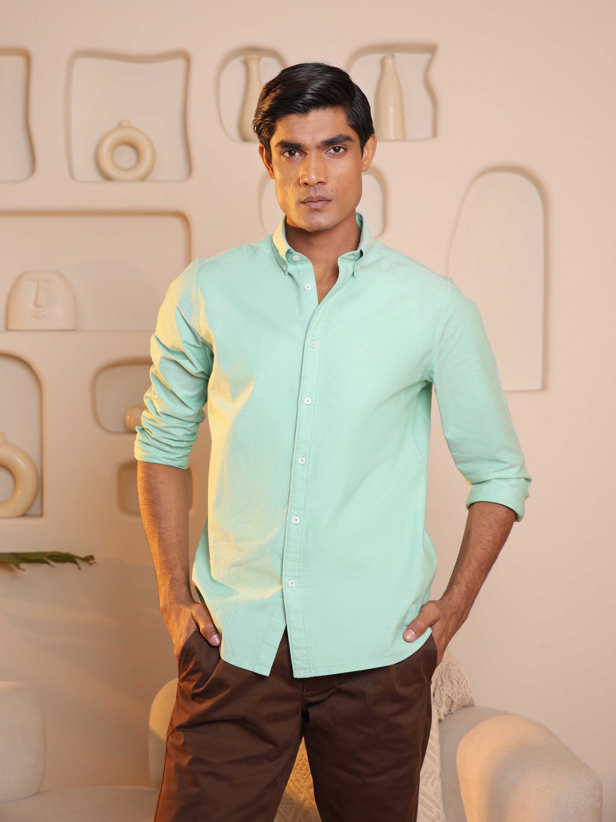 2 Way Stretch Oxford Shirt in Light Green - Slim Fit
