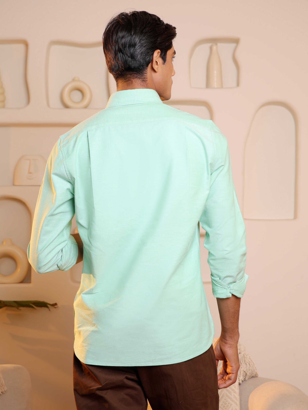2 Way Stretch Oxford Shirt in Light Green - Slim Fit