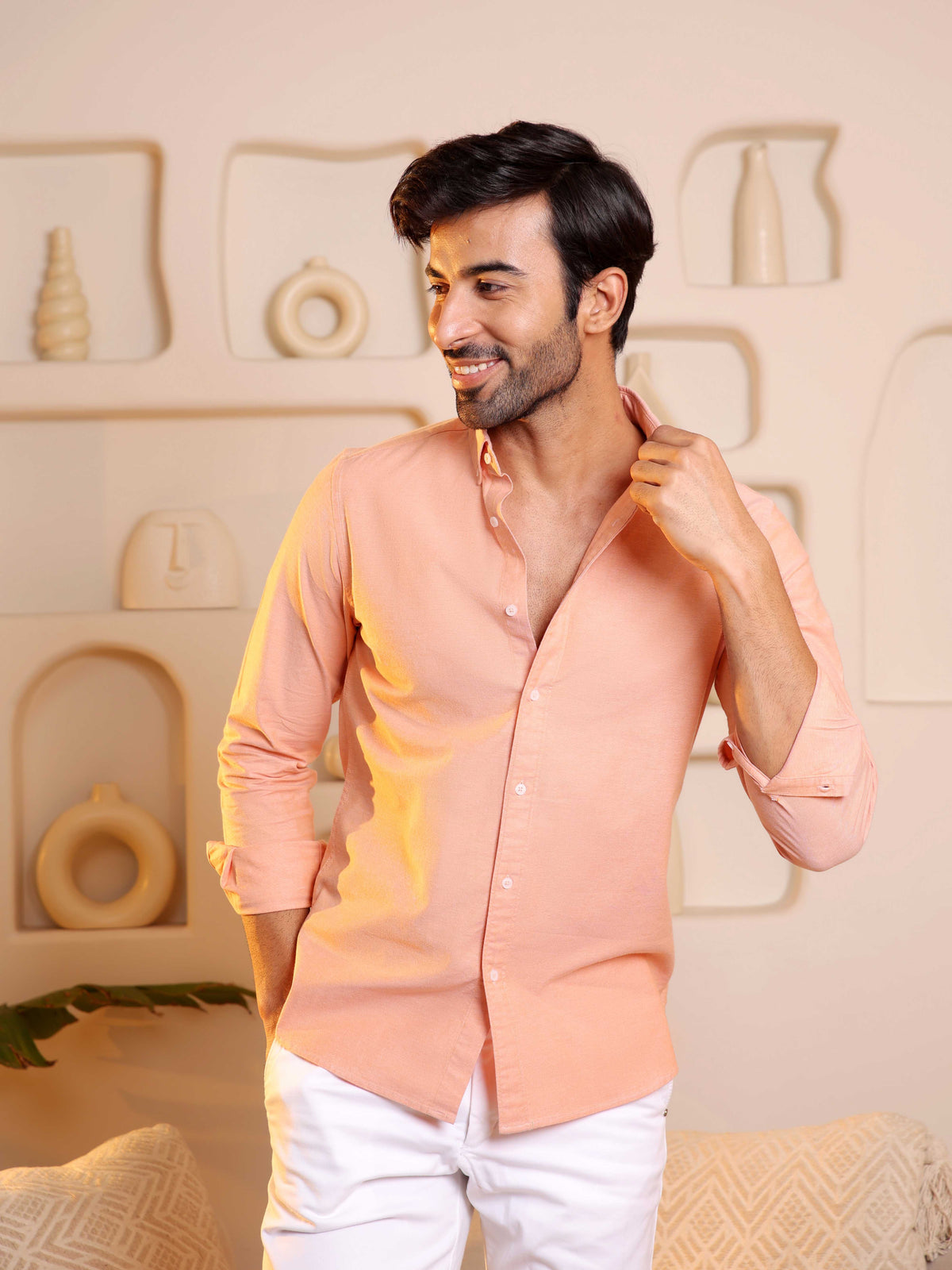 2 Way Stretch Oxford Shirt in Light Orange - Slim Fit