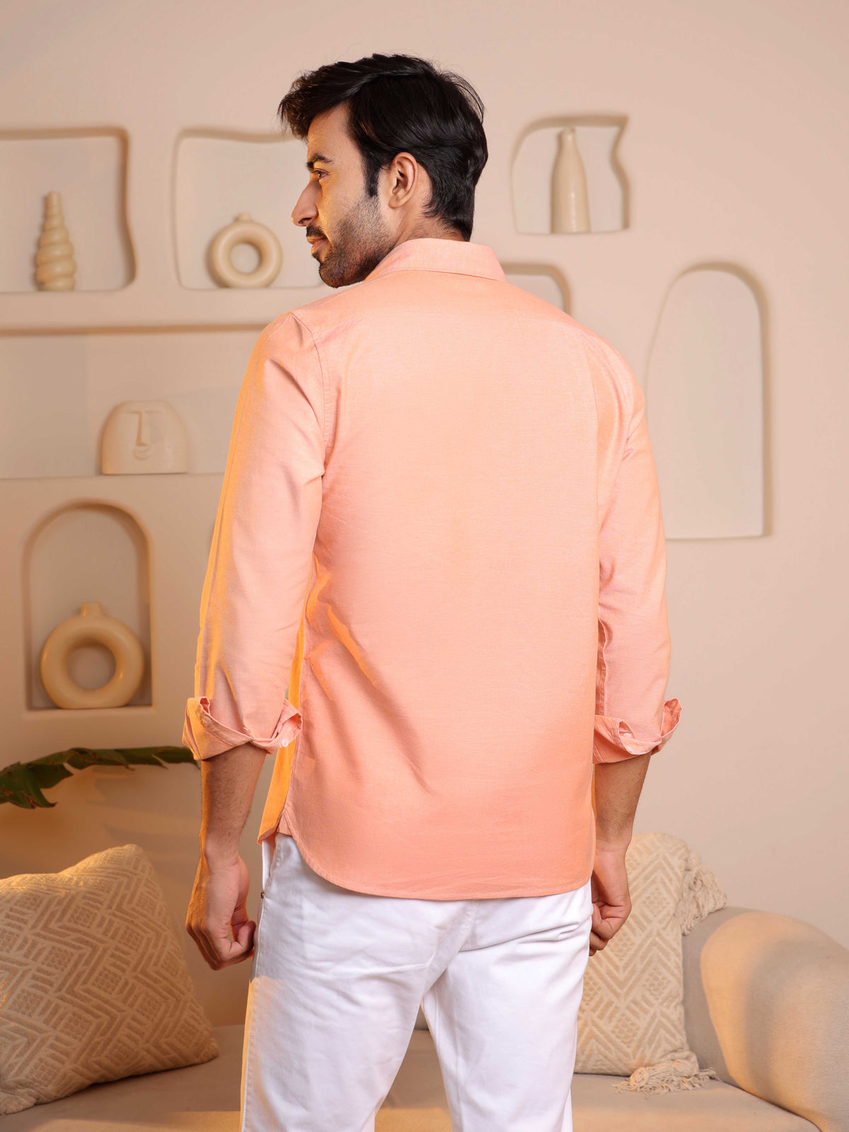 2 Way Stretch Oxford Shirt in Light Orange - Slim Fit