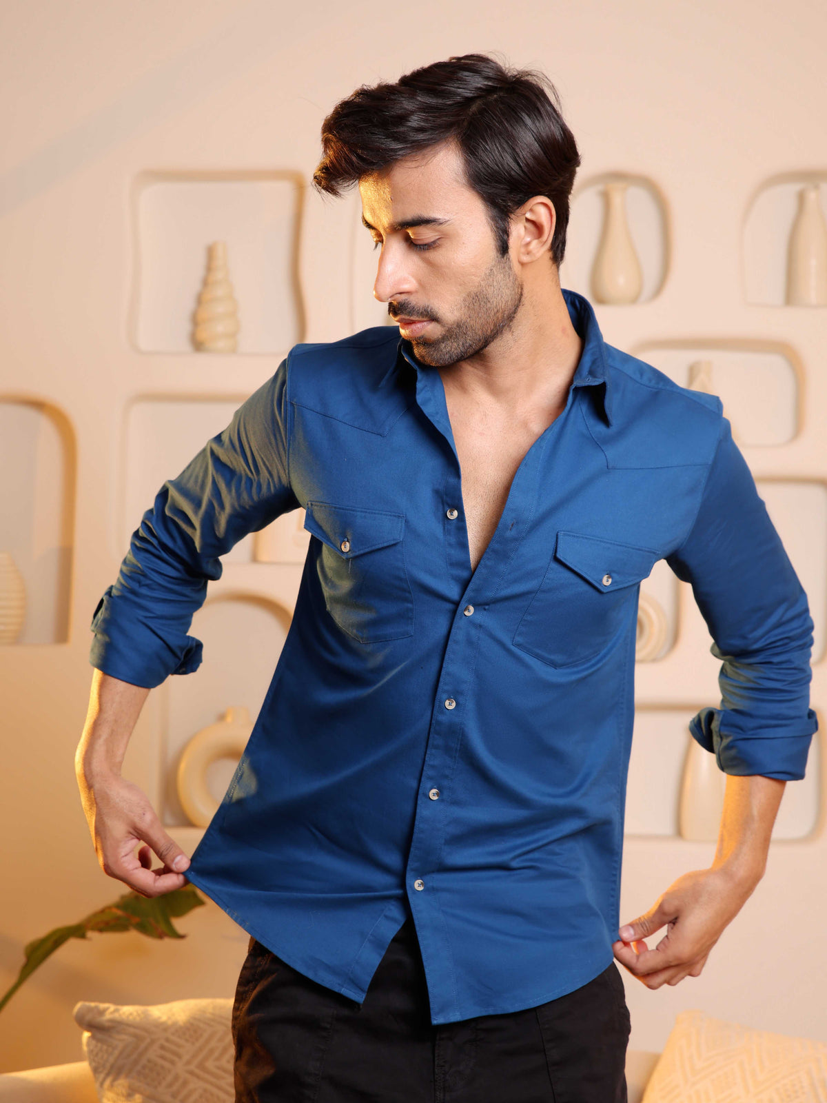 Double Pocket Cargo Shirt in Prussian Blue - Comfort Fit