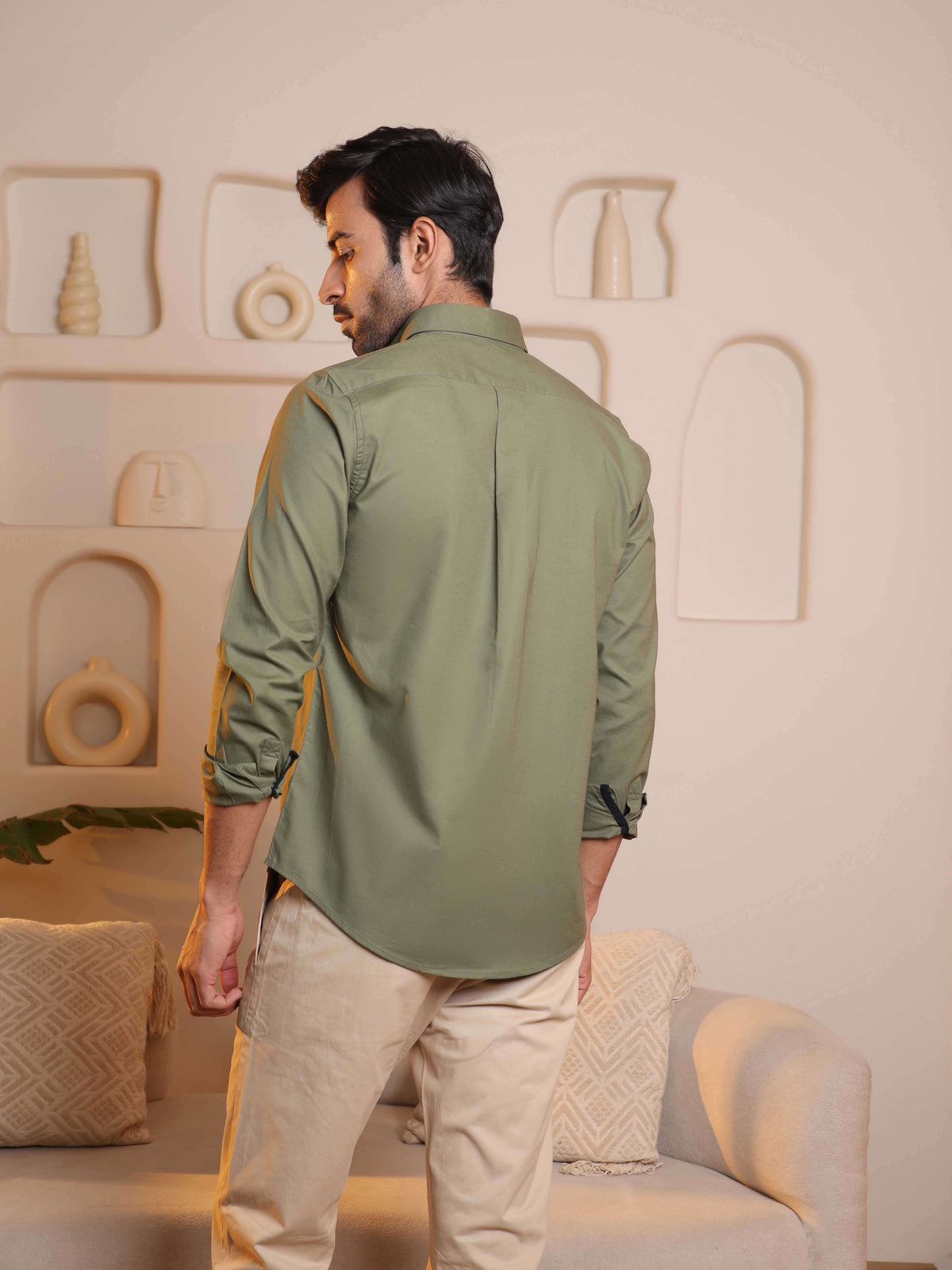 2 Way Stretch Oxford Shirt in Olive - Comfort Fit